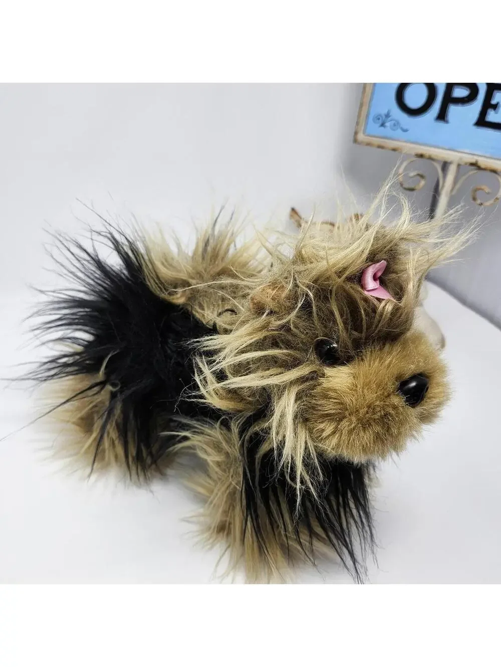 Yorkie Puppy Dog Plush Stuffed Animal Toy Brown Black Pink Bow 11 Inch
